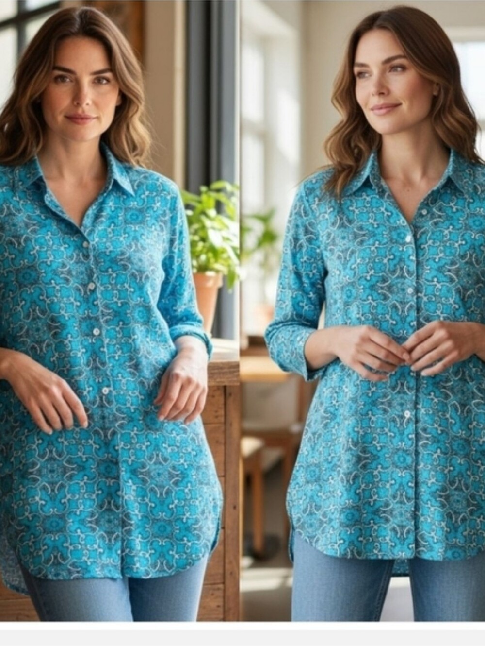 Tommy Bahama Teal Damask Scroll Cotton Button-Up Long Sleeve Shirt Or Cover-up M